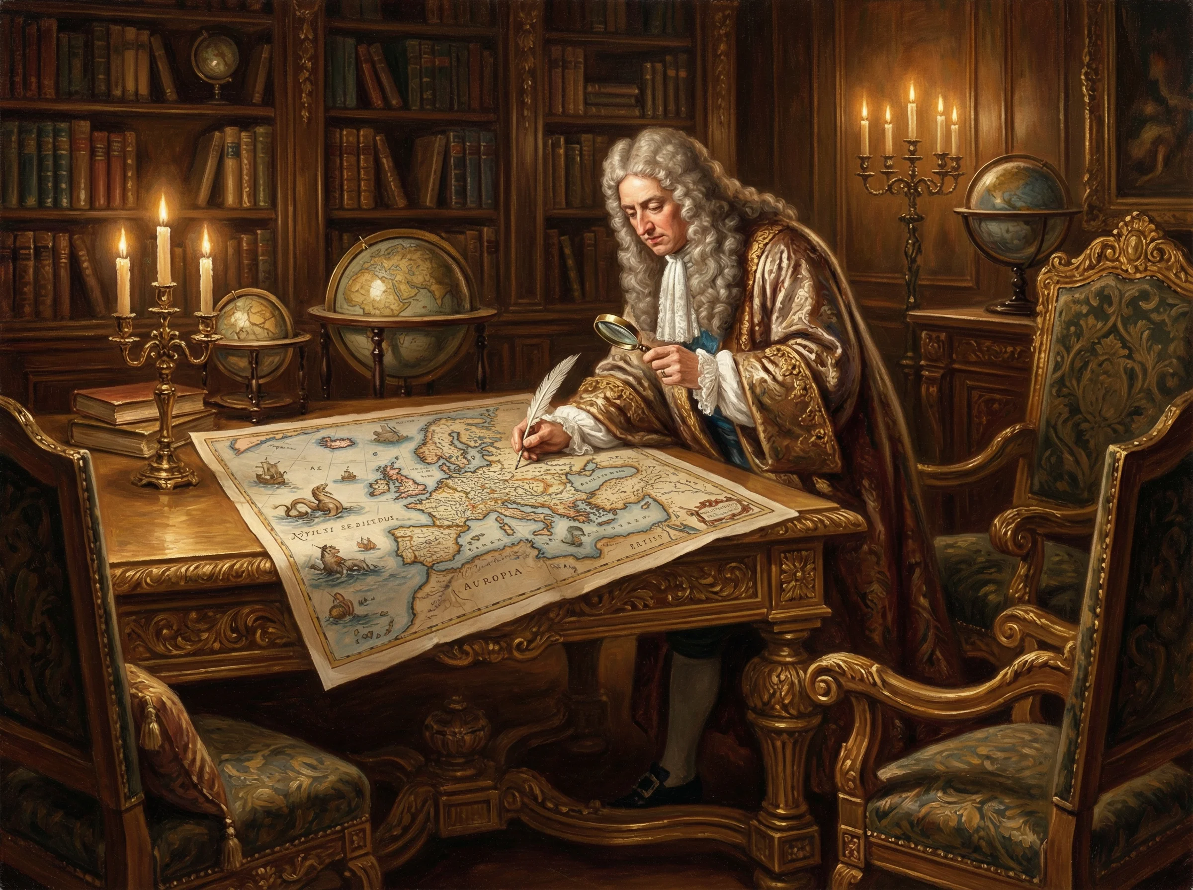 巅峰国际开云体育综合评测 - 国王审视欧洲地图的古典油画